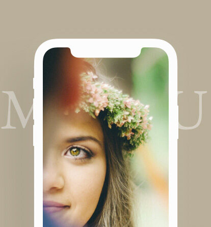 iPhone screen showing a bride's face over a background saying 
