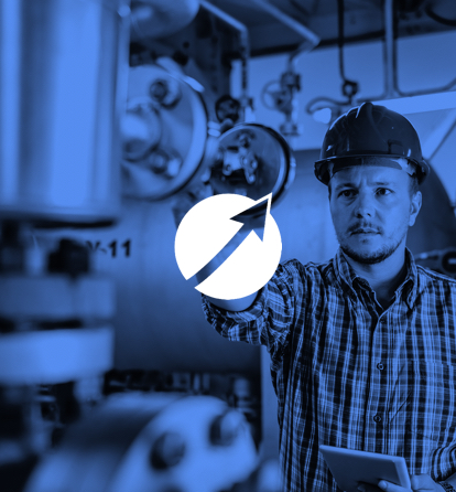 Plutoshift logo over a blue-screened worker in a factory